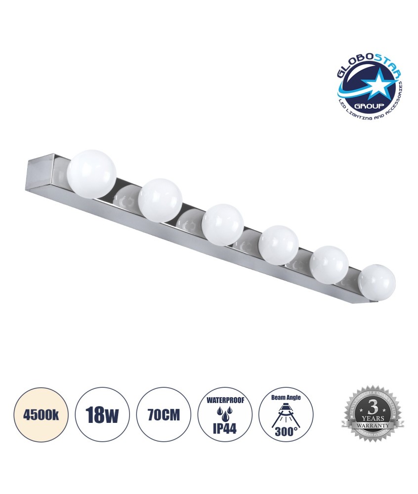 GLOBOSTAR® BELLA 60453 Μοντέρνο Φωτιστικό Τοίχου - Απλίκα Καθρέπτη Μπάνιου LED 18W 2052lm 300° AC 220-240V IP44 Φυσικό Λευκό 4500K - Bridgelux COB Chip & TÜV SÜD Driver - Ασημί & Λευκό - Μ70 x Π11 x Υ6cm - 3 Χρόνια Εγγύηση